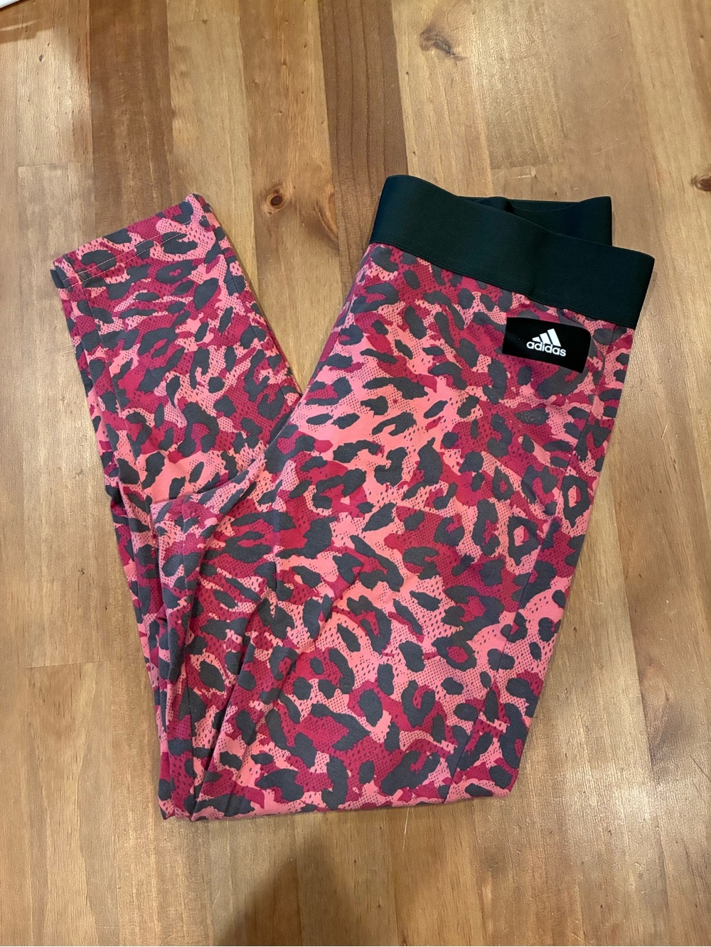 adidas Kids Fuchsia Pink Leopard Print Leggings with Black Waistband
